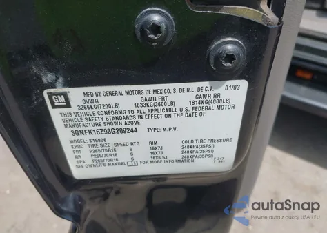 2003 Chevrolet Suburban 1500 Ls z USA, uszkodzony, nr VIN 3GNFK16Z93G209244